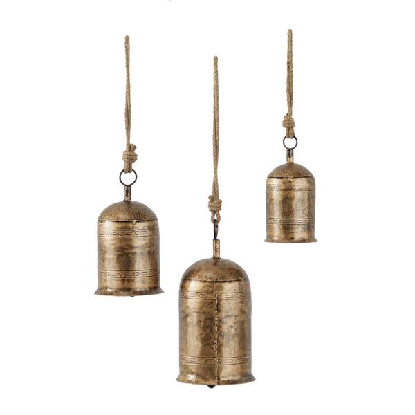 DecMode Tibetan Inspired Gold Metal Heart Decorative Bells with