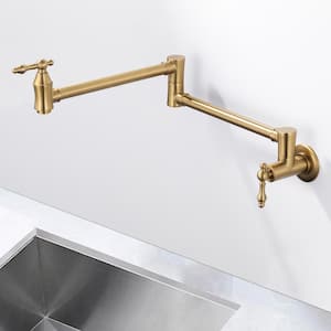 Brass Wall Mounted Pot Filler with 2-Handles and 2 Aerators in Gold