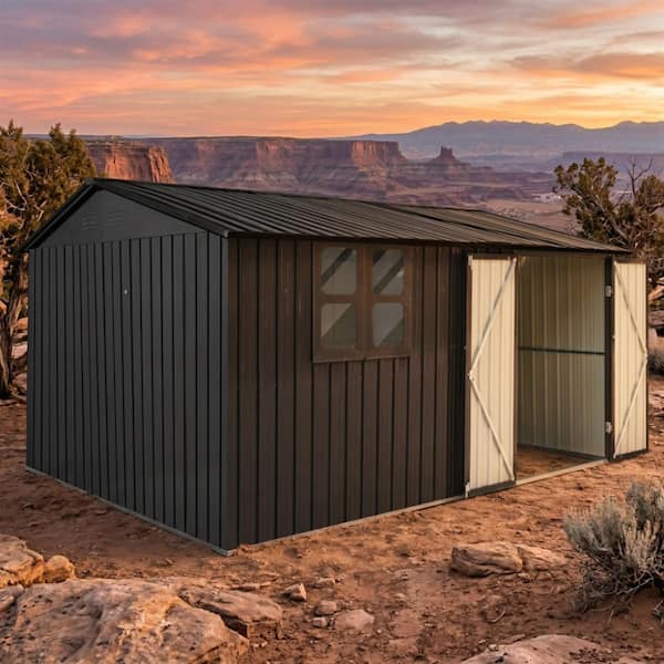 Black 12x10 Ft Metal Outdoor Garden Storage Shed with Windows