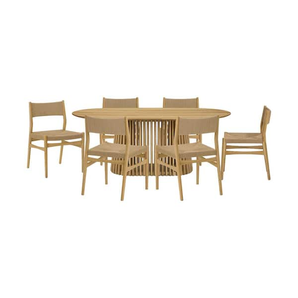 Armen Living Pasadena Erie 7-Piece Oval Natural Oak Wood Top Dining Room Set Seats 6