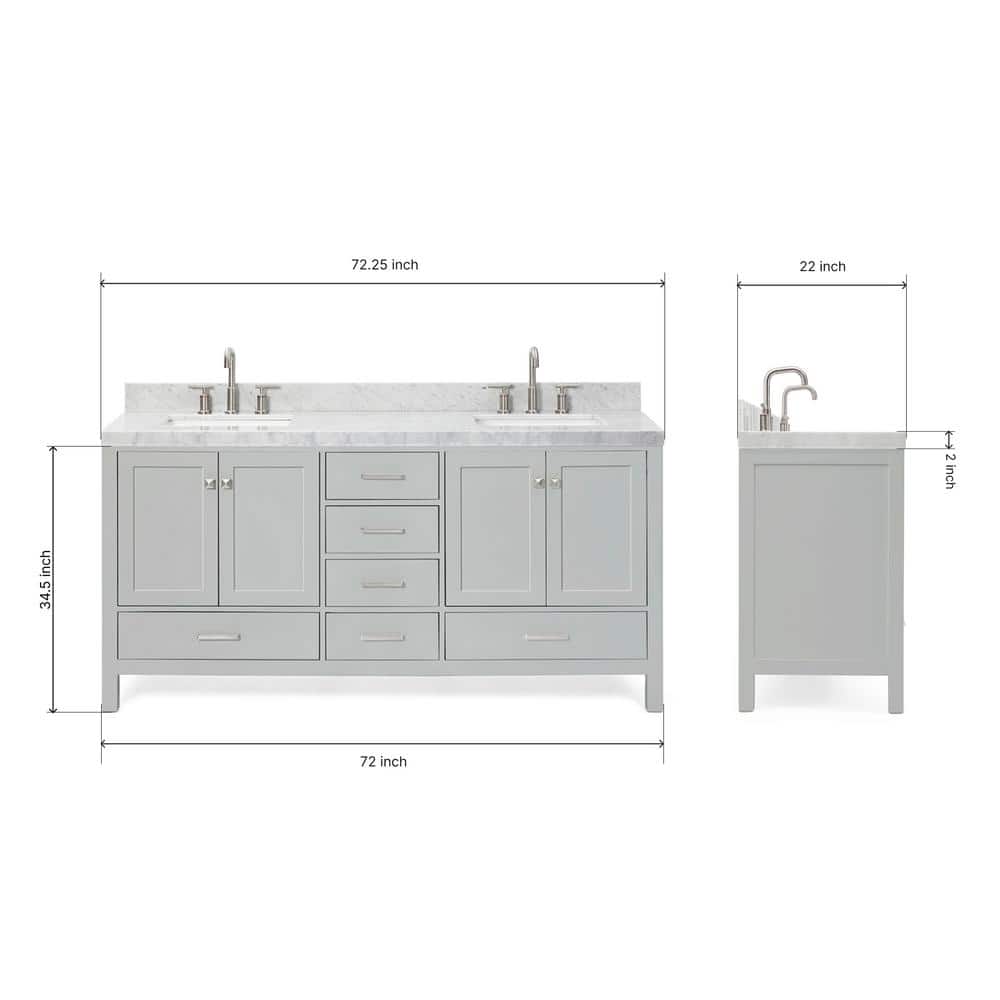 Cambridge 72'' Gray Wood Double Freestanding Bathroom Vanity with Carrara Marble Top