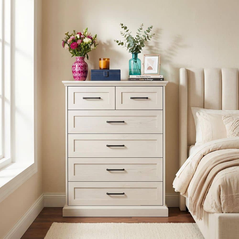 beige color dresser Butler Specialty Mayfair 6 Drawer Wood and Marble Dresser, Light Brown