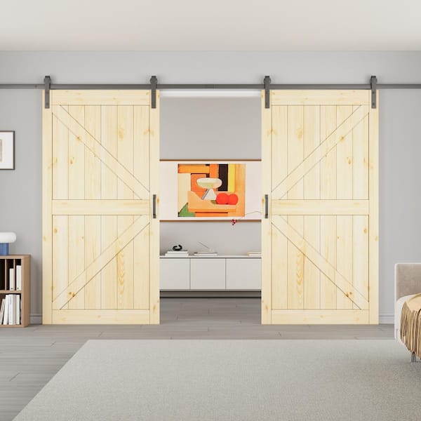 ARK DESIGN 84 in. x 84 in. 2-Panel Pine Solid Wood Unfinished Double Sliding Barn Door Slab with Hardware Kit