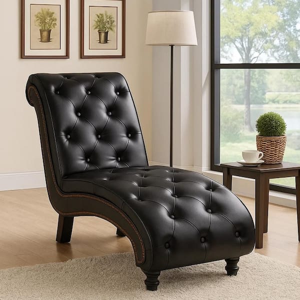 Black Faux Leather Armless Accent Chaise Lounge