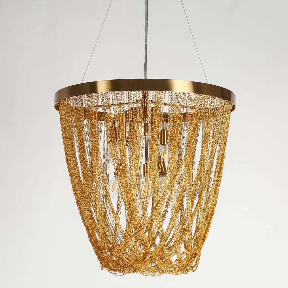 Glamorous Brass and Crystal 9-Light Chandelier with Gold Fringe