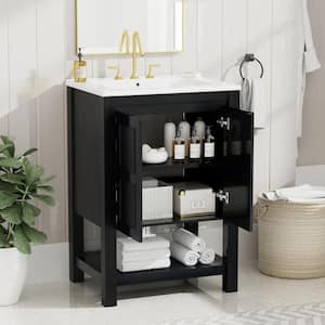 24 in. W x 18.3 in. D x 34.7 in. H Single Sink Freestanding Bath Vanity in Espresso with White Ceramic Top and Storage