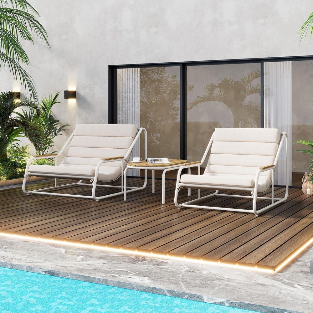 White 3-Piece Metal Outdoor Chaise Lounge Chairs, Patio Conversation Set wi