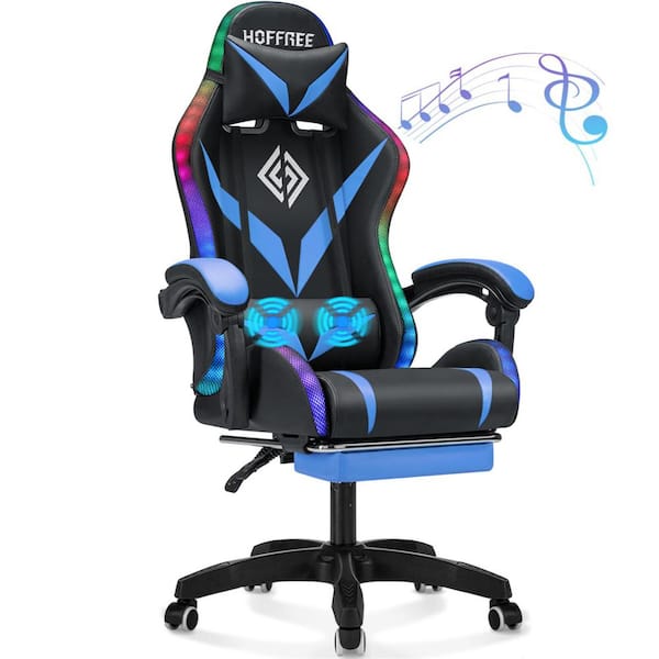 Faxu Leather Bluetooth Speakers Massage LED Reclining Ergonomic Gaming Chair in Blue with Footrest