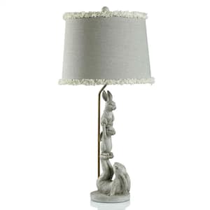 32.5 in. Gray, Gold, Faux Cement Table Lamp with Beige with White Tassel Trim Linen, Frayed Fabric Shade
