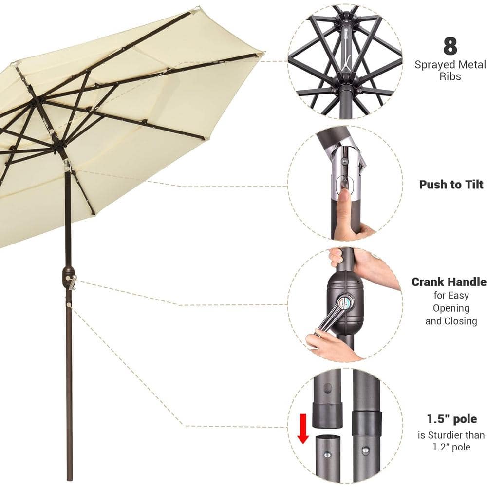 10ft Beige Solar LED Outdoor Patio Umbrella with Steel Pole