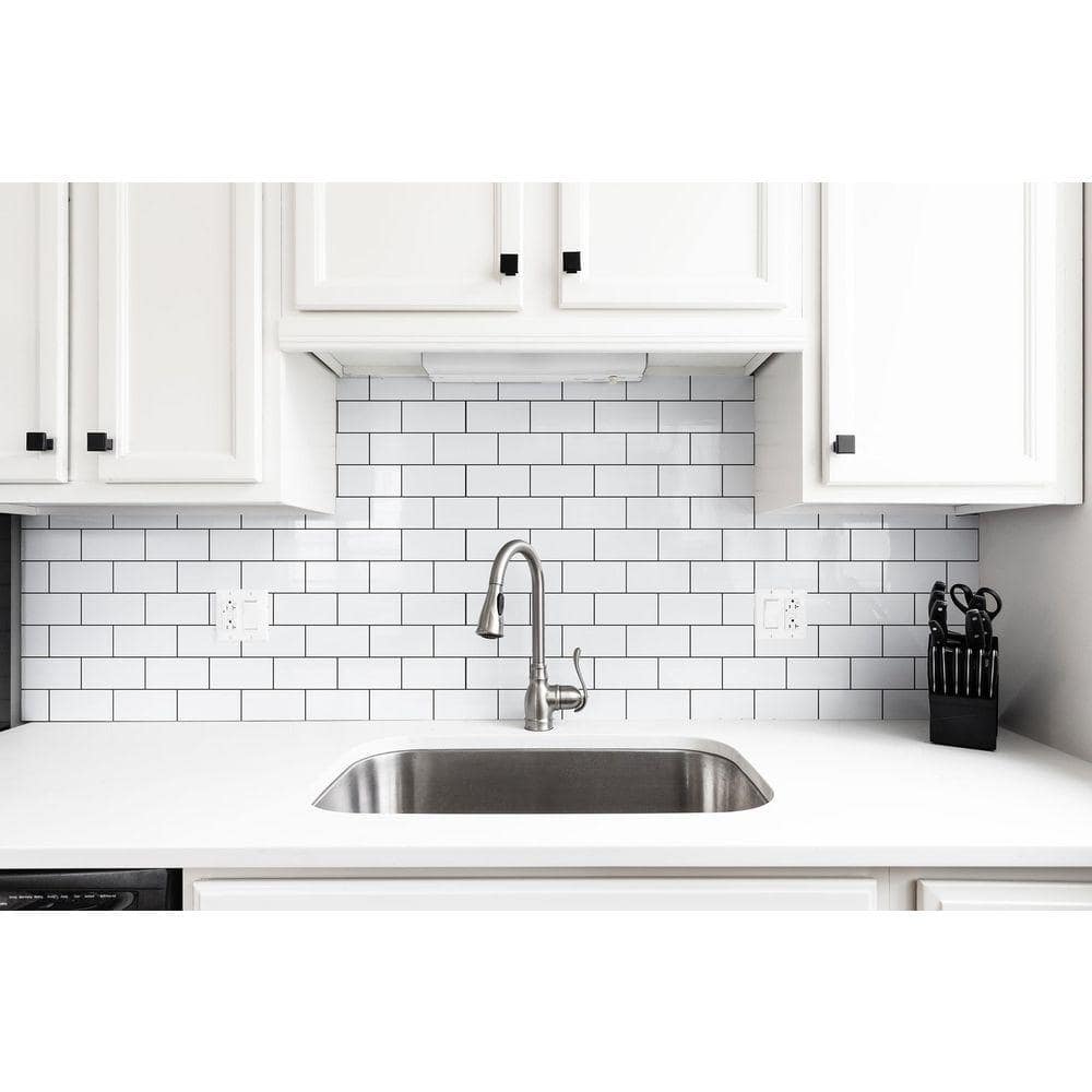 White 3 in. x 6 in. PVC Peel and Stick Backsplash Tile with Dark