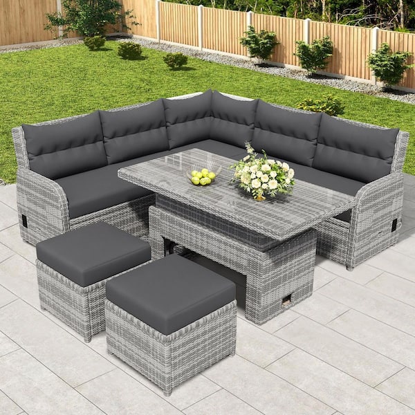 6-Piece Wicker Outdoor Sofa Sectional Set Patio Seating Set with Gray Cushions, Adjustable Table/Recliners