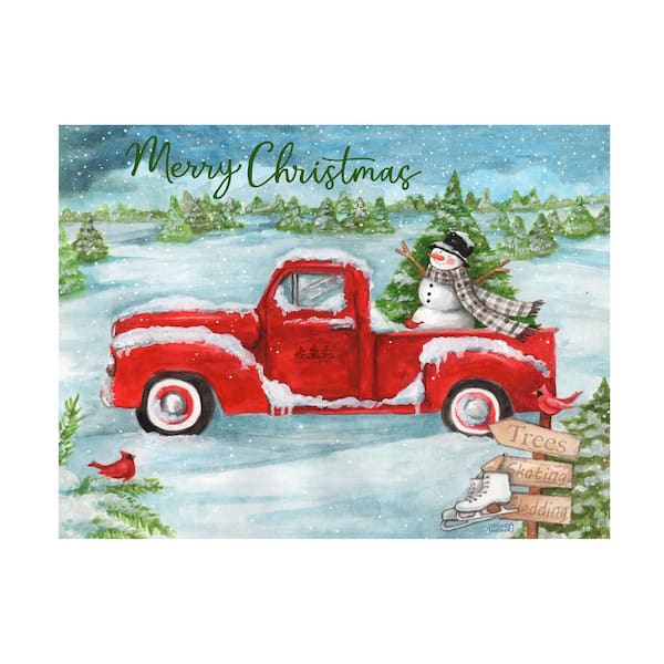 Trademark Fine Art Unframed Home Melinda Hipsher 'Red Truck With Snowman And Birds' Photography Wall Art 14 in. x 19 in.