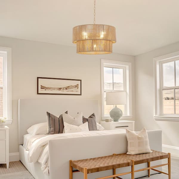 TinHon Boho 5-Light Gray-Brown Chandelier with Hand-Woven Double