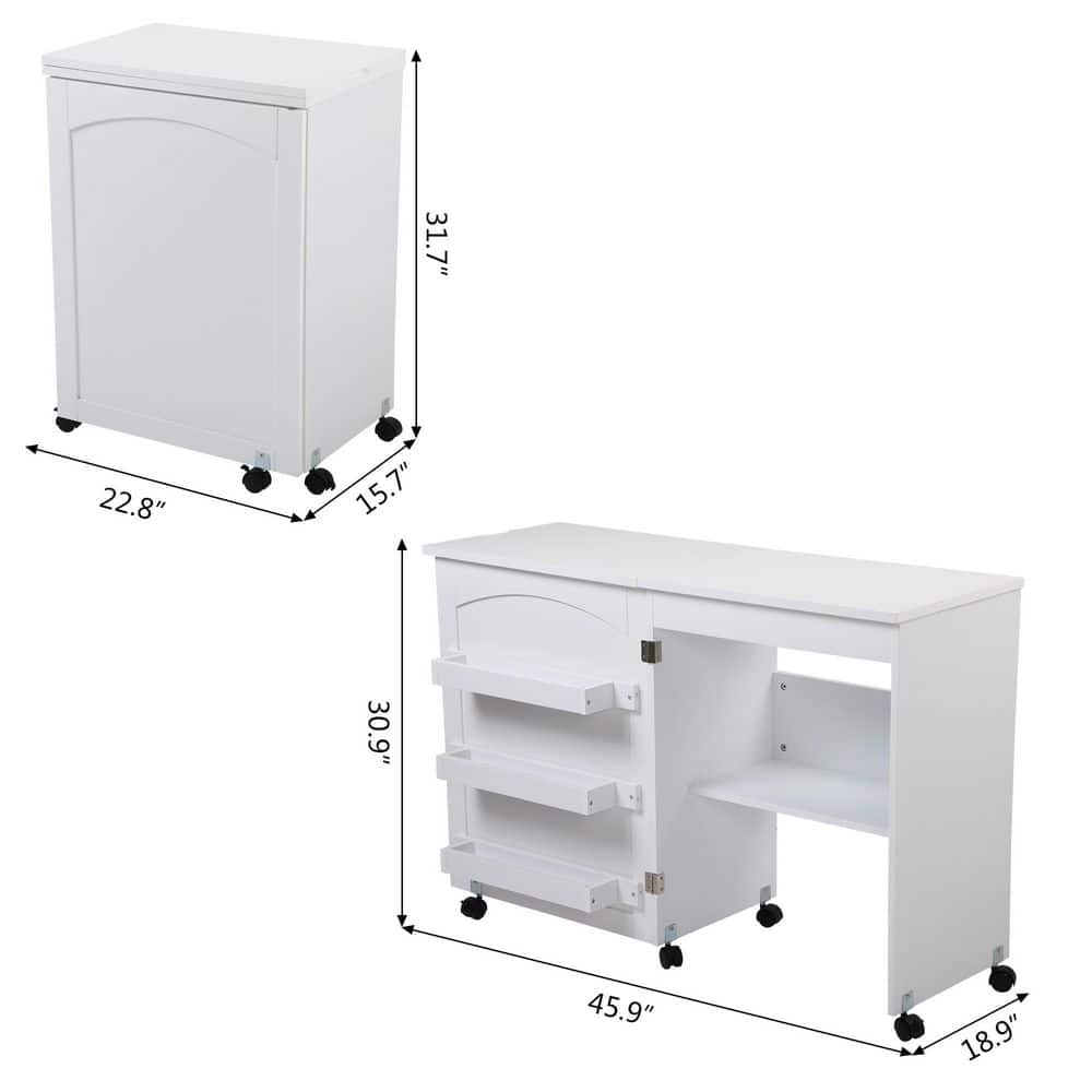 White Folding Sewing Table with Shelves and Wheels