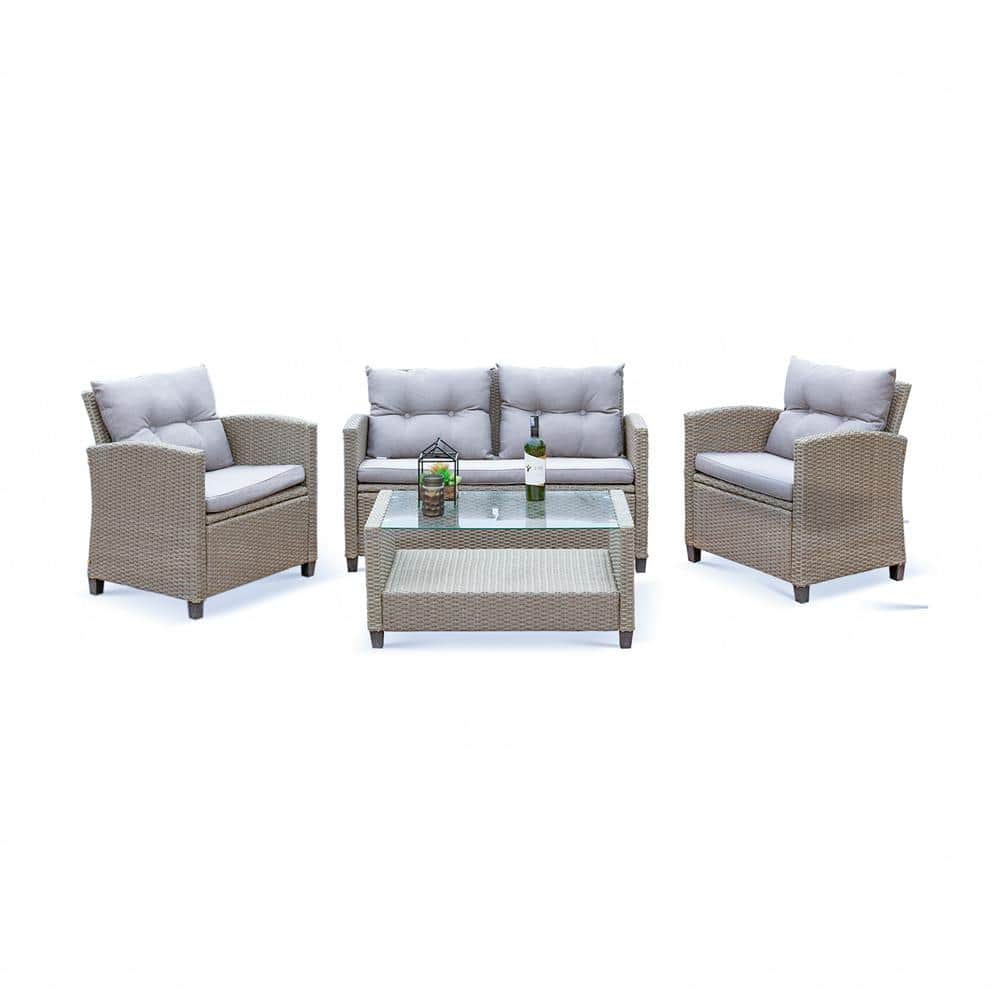 Versailles 4-Piece Gray Wicker Patio Conversation Set with Cushions