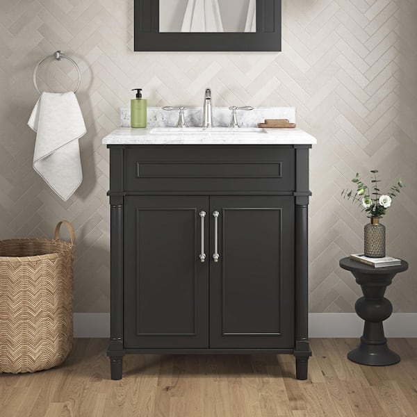 Aberdeen 30 in. Single Sink Black Bath Vanity with Carrara Marble Top (Assembled)