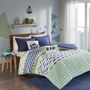 Aaron 4-Piece Green/Navy Twin Shark Cotton Comforter Set