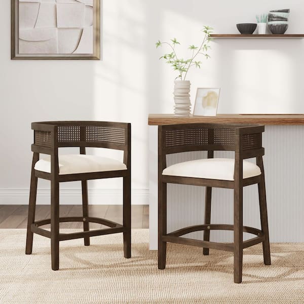 CHRISTOPHER KNIGHT HOME Darius Modern 25.5 in. Walnut Solid Wood and Rattan Frame and Beige Fabric Upholstered Arm Barstool, (Set of 2)