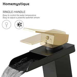 Single-Handle Waterfall Single-Hole Bathroom Sink Faucet with Pop-Up Drain Kit, Deckplate Included in Gold and Black