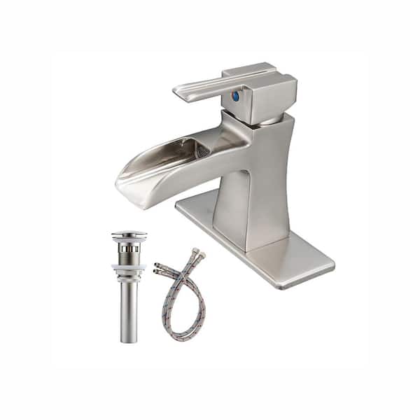 FORCLOVER Single-Handle Low-Arc Single Hole Waterfall Bathroom Faucet with Pop-Up Drain Assembly in Brushed Nickel