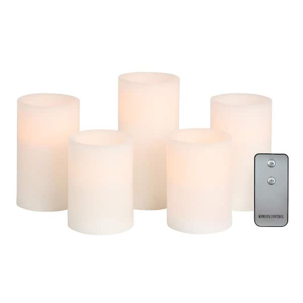 Mikasa Set of 5 2-3 x 4, 2-3 x 5, 3 x 6 White Real Wax Flat Top Flameless Candles, Led Candles with Remote