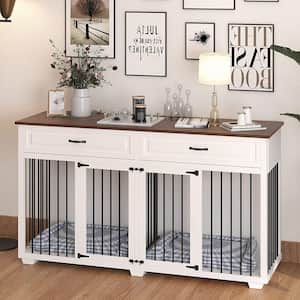 White Wooden Accent Storage Cabinet with 2-Drawer, Dog Crates Cage Furniture for Large Dog