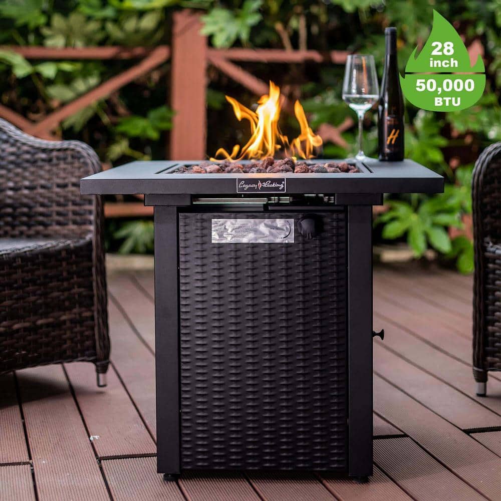 28 in. Outdoor Fire Pit Table, with Lid, Rattan and Wicker-Look, Lava Stone