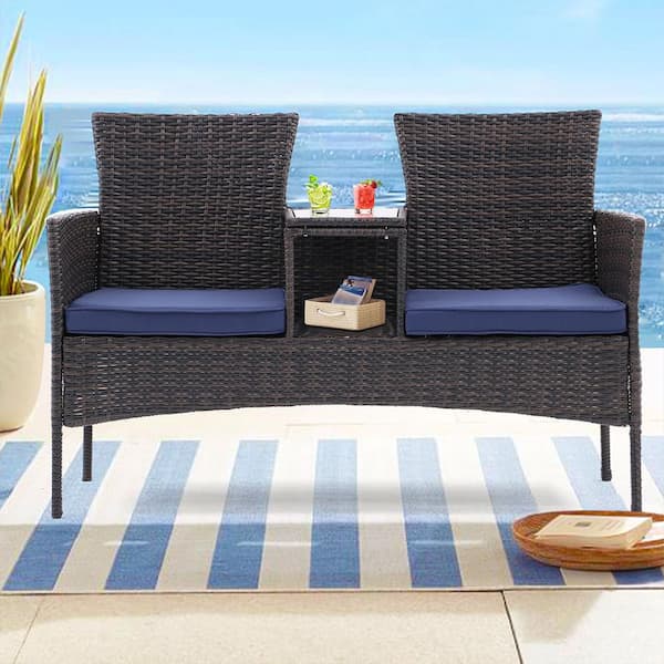 Sudzendf Outdoor Patio Loveseat Set, All Weather PE Rattan and Steel Frame Conversation Furniture with Blue Cushions