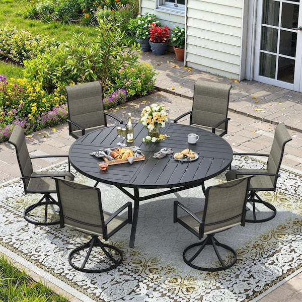 7-Piece Metal Outdoor Dining Set with 53.1 in. Black Round Table and 6 Brown Swivel Dining Chairs for 6 Person