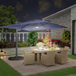 10 ft. Square Aluminum Cantilever Outdoor Tilt Patio Umbrella with LED Light, Cross Base Stand in Navy Blue for Balcony