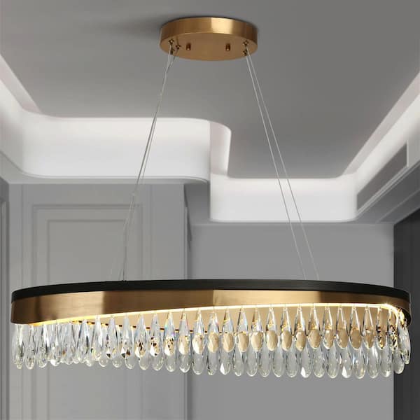 Modern 1-Light Integrated LED Black and Brass Crystal Oval Chandelier for Dining Room Kitchen Island Hotel Lobby