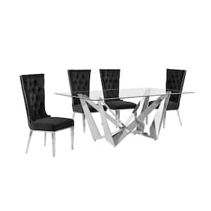 Rae 5-Piece Rectangular Glass Top Stainless Steel Base Dining Set With 4 Black Velvet Chairs