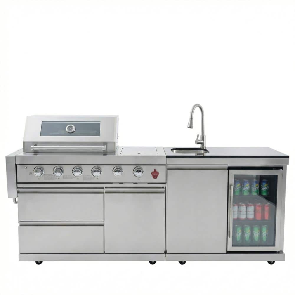 6-Burner Portable Dual Fuel Grill in Silver with Sink, Refrigerator and Rotisserie Kit