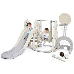 6-in-1 White Toddler Slide and Swing Set Climber Playset w/Ball Games