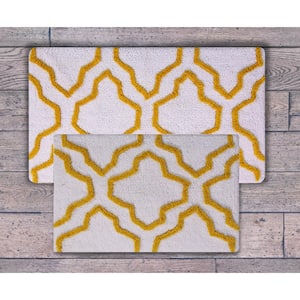 24 in. x 17 in. and 34 in. x 21 in. 2-Piece Cotton Bath Rug Set in White and Yellow