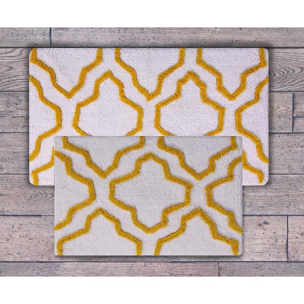 Saffron Fabs 24 in. x 17 in. and 34 in. x 21 in. 2-Piece Cotton Bath Rug Set in White and Yellow