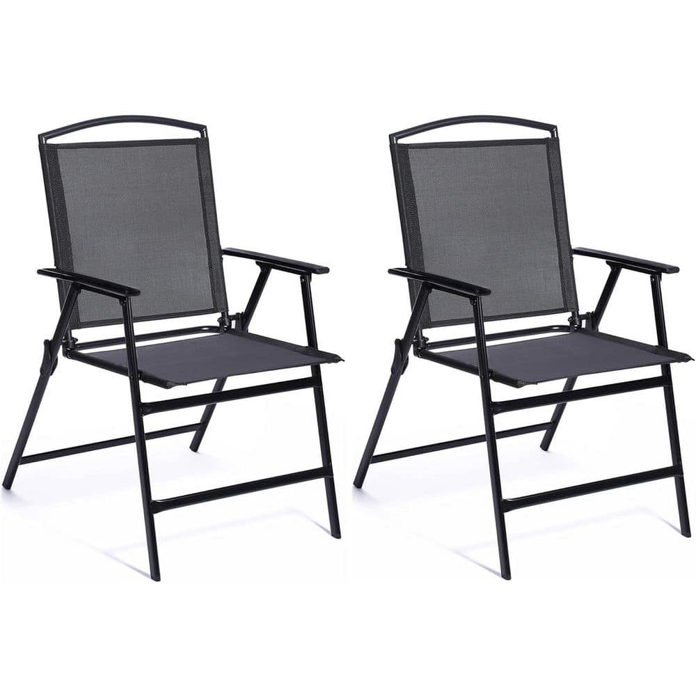 Black Folding Steel Outdoor Dining Chair in Black (Set of 2) with Armrest