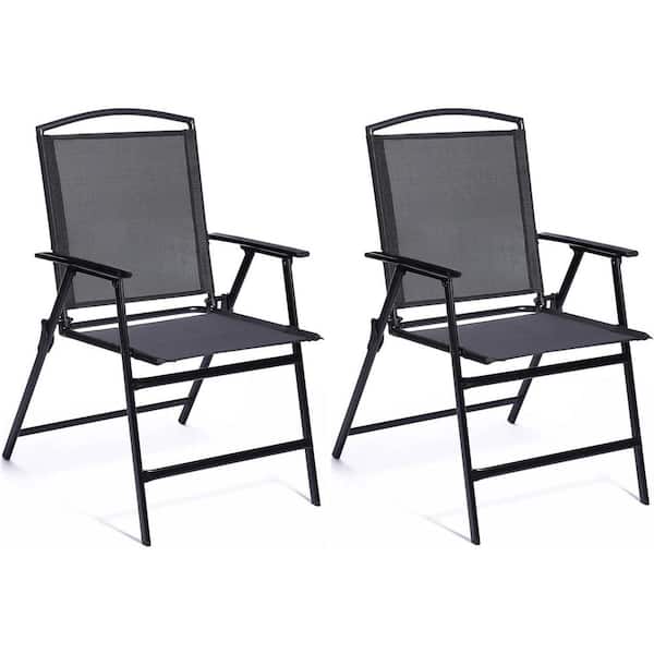 Unbranded Black Folding Steel Outdoor Dining Chair in Black (Set of 2) with Armrest