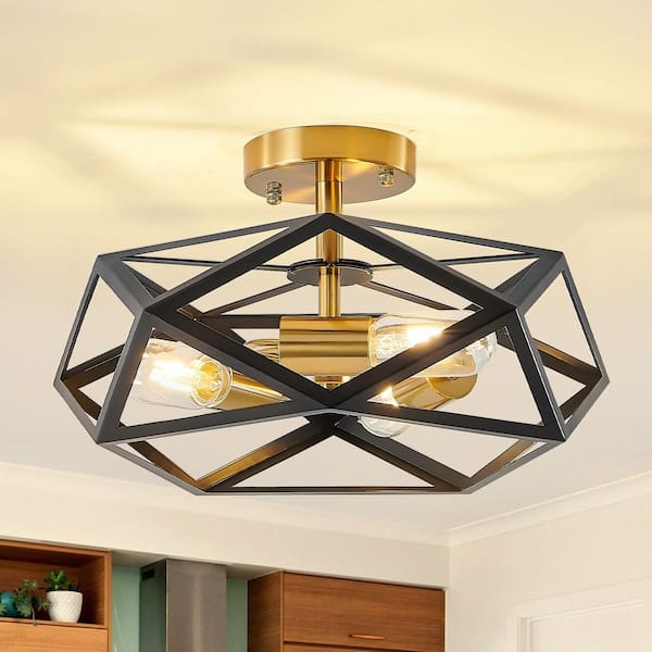 ZSMIHDOH 16.1 in. 3-Light Black and Gold Geometric Semi Flush Mount Ceiling Light with No Bulbs Included