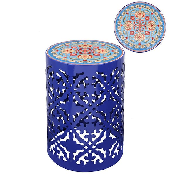 MUMTOP Blue Metal Ceramic Qattern Outdoor Patio Garden Table