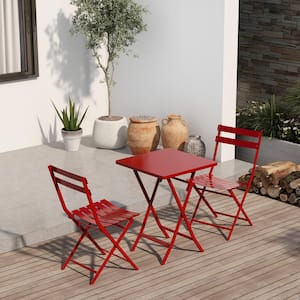 3-Piece Metal Patio Bistro Set of Foldable Square Table and Chairs, Durable and Sturdy, Clean Design, Elegant Red