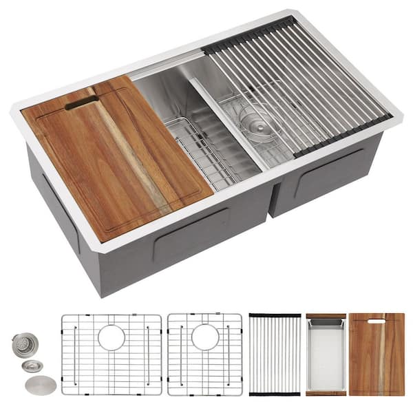33 in. Undermount 60/40 Low-Divide Double Bowl sink, 16-Gauge T304 Stainless Steel Workstation Kitchen Sink Set