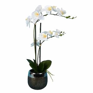 23 in. White Artificial Phalaenopsis Orchid Floral Arrangement In Metal Pot