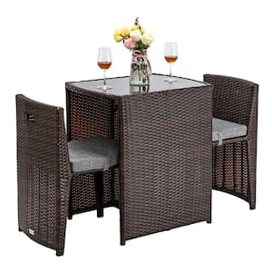 Brown 3-Piece Wicker Outdoor Bistro Set with Grey Cushions Small Space Balcony Furniture Dining Set