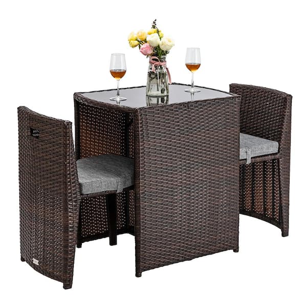 VINGLI Brown 3-Piece Wicker Outdoor Bistro Set with Grey Cushions Small Space Balcony Furniture Dining Set