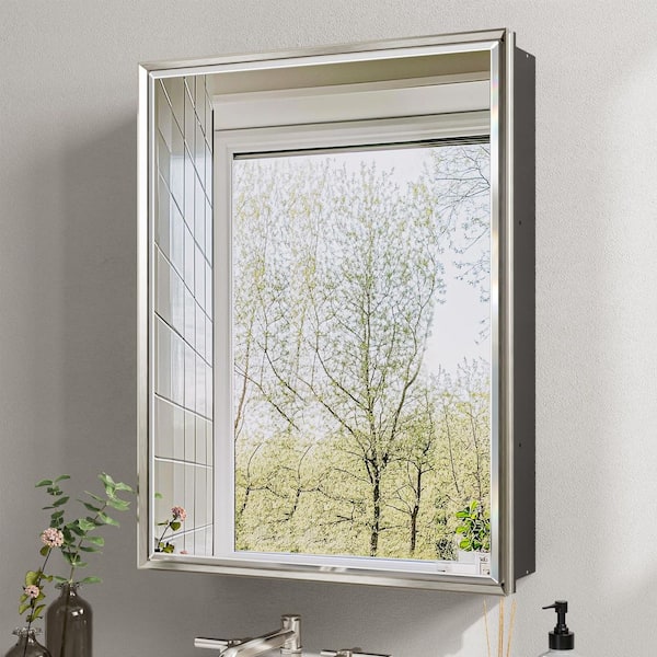 Musey 20 in W x 26 in H Brush Nickel Rectangular Aluminum Medicine Cabinet with Beveled Mirror, Recessed or Surface