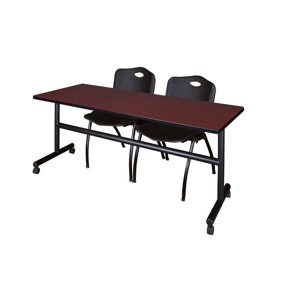 Kobe 72 in x 24 in. Mahogany Flip-Top Training Nesting Table Desk, 2 M Stack Chairs-Black