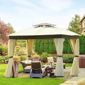 10 ft. x 10 ft. Khaki Double Tiered Soft Top Canopy Gazebo Tent for Outdoor