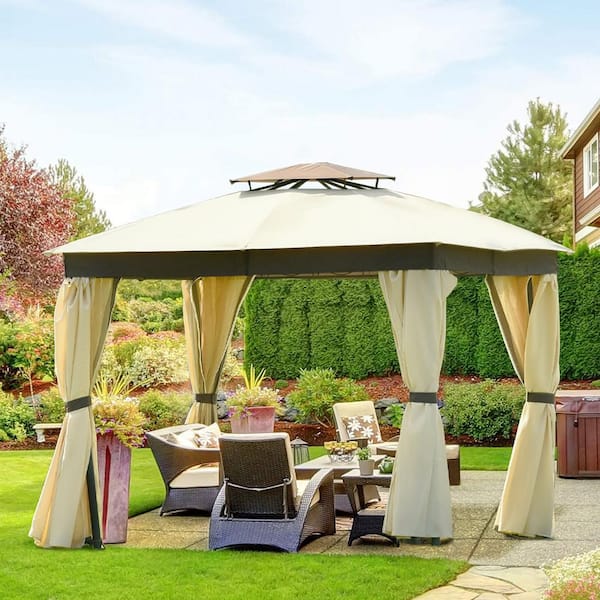 Color : Beige for Smaller 10'x10' Single-Tier Gazebo Cover Patio Garden Outdoor U.V-Protection Sun Block 10' X 10' Universal Single Tiered Gazebo Replacement Canopy Top Cover 